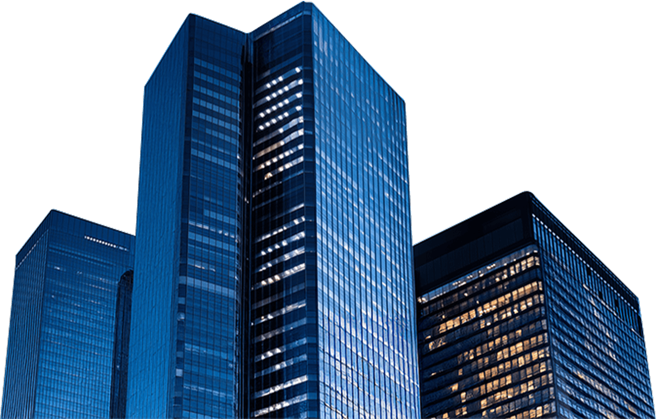 푸른 하늘 아래 현대적인 유리 외관의 고층 빌딩들, 야간 조명이 켜진 도시 건축물